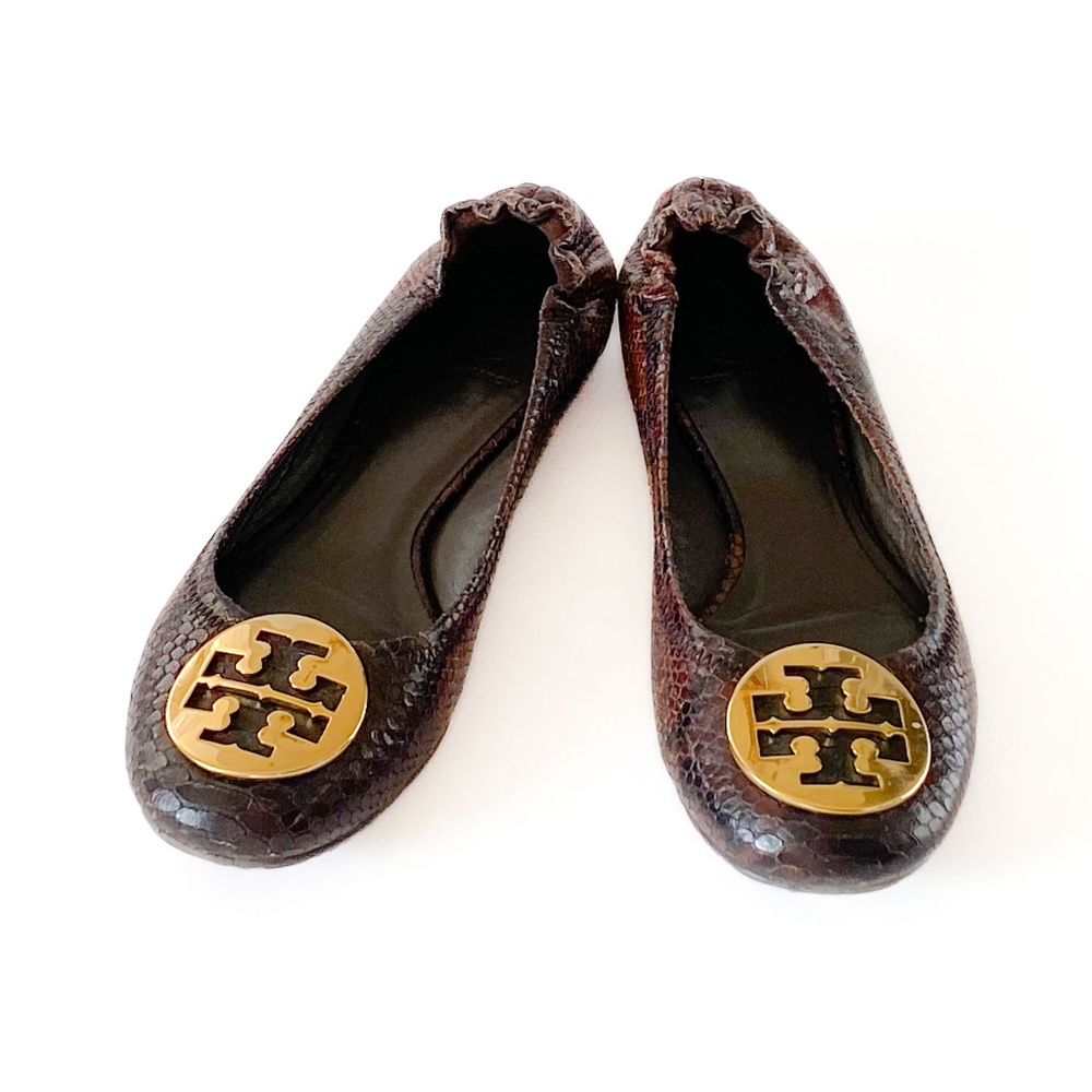 Tory Burch Snakeskin Print Leather Ballet Flats Brown Women's Size 8.5